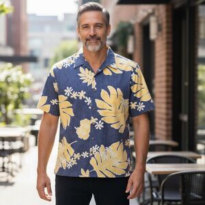 Reyn Spooner Shirt Men Blue Yellow Commemorative Classic Hawaiian Large